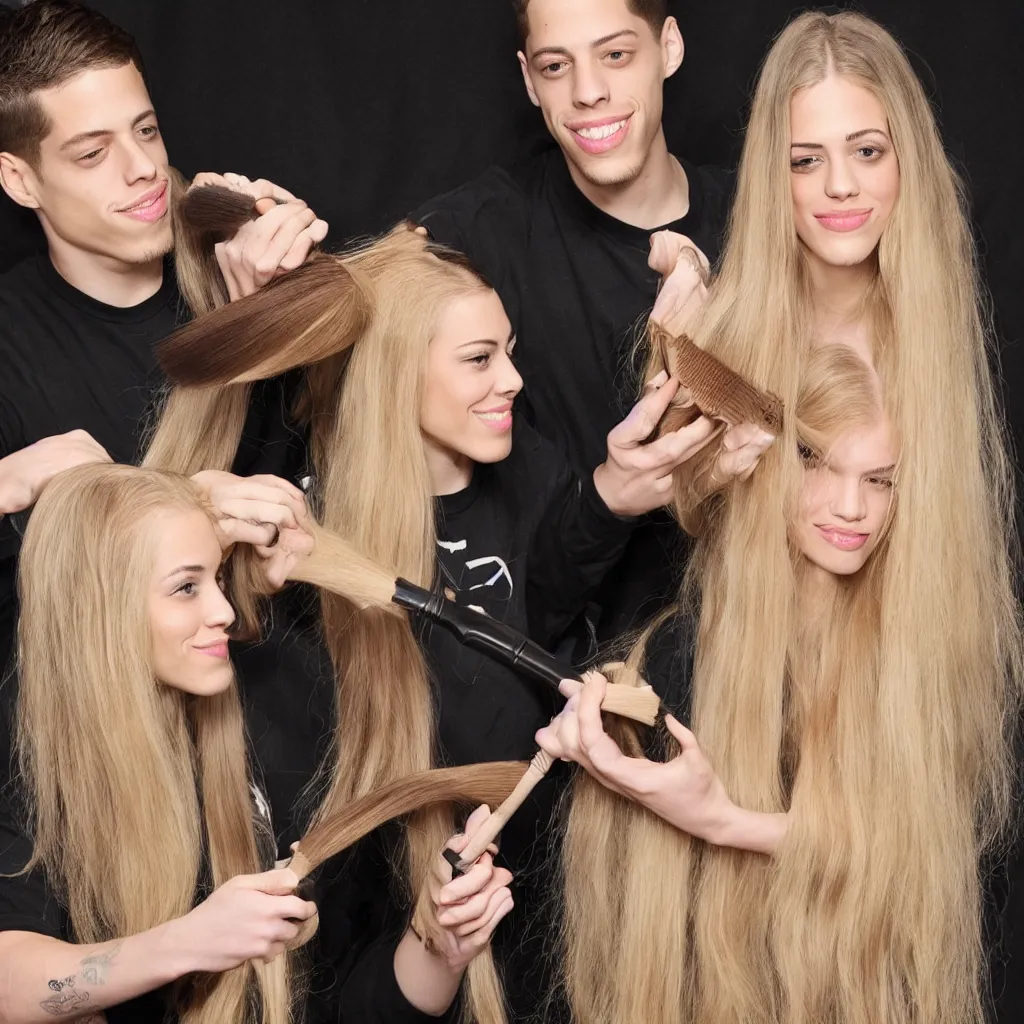 Image similar to pete davidson brushing jessica's long blond hair with a huge hairbrush, comically large hairbrush, ultra - realistic photograph