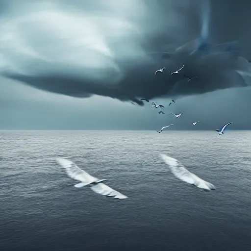 Prompt: a tornado!! made of seagulls, windy, cloudy, realistic reflections, cinematic lighting, fine details