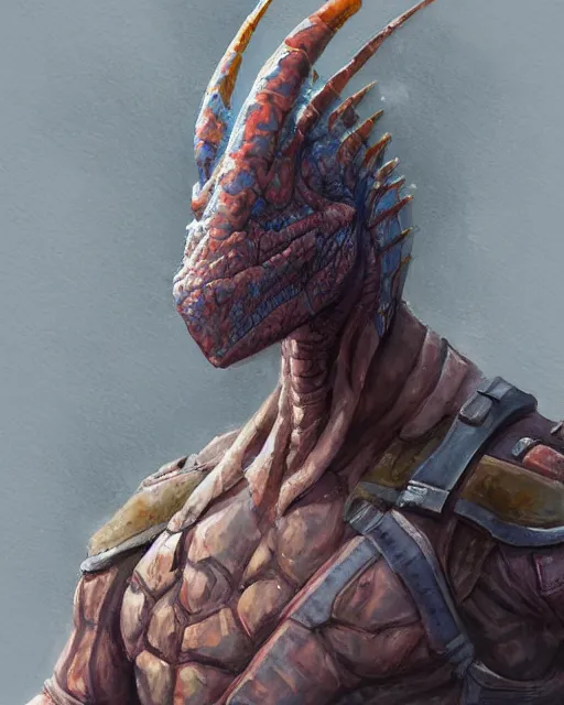 Image similar to a oil / watercolor painting full body character portrait of a humanoid dinosaur knight / mercenary in the style of moebius in the style of leonard boyarsky trending on artstation deviantart pinterest detailed photorealistic highlights and shadow hd 8 k post - processing high resolution