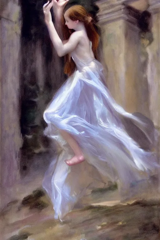 Image similar to ethereal girl dancing amidst ancient ruins in the style of john singer sargent