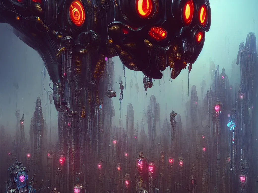 Prompt: cybernetic wasp colony, dripping with nectar, kowloon cyberpunk, by artgerm and kincaid and rutkowski and beksinski and giger, trending on artstation, octane render