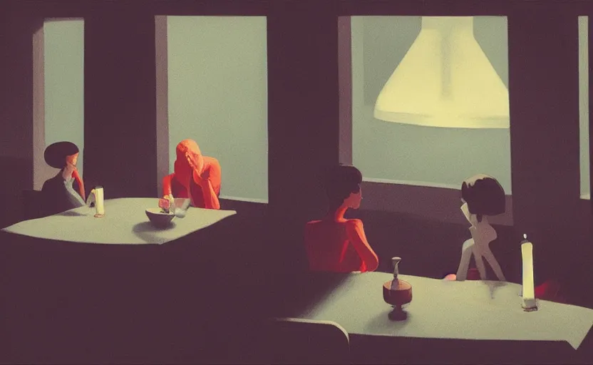 Image similar to a mysterious surreal dimly lit dinner scene illustration by atey ghailan and escher and edward hopper, surreal