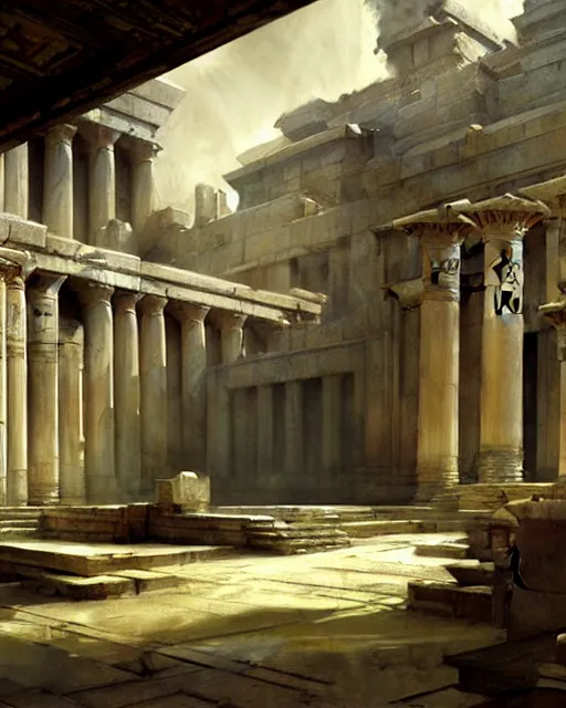 Image similar to fantasy concept art by anders zorn and craig mullins depicting the courtyard of a majestic egyptian fantasy temple