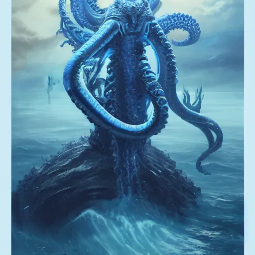 Prompt: A blue Kraken in the sea, highly detailed, fantasy art, female art, in the style of greg rutkowski, illustration, epic, fantasy, intricate, hyper detailed, artstation, concept art, smooth, sharp focus, ray tracing