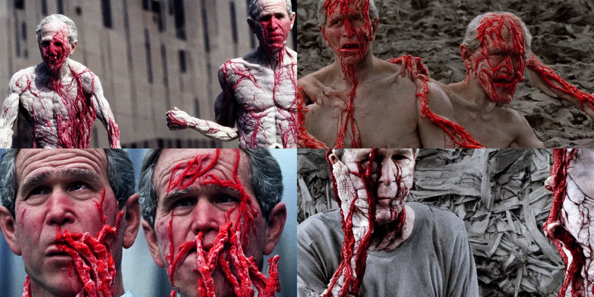 Prompt: george w. bush body horror directed by david cronenberg, 9 / 1 1 twin towers background, mutations, swollen veins, red flesh strings, cinestill 8 0 0 t, 1 9 8 0 s movie still, film grain