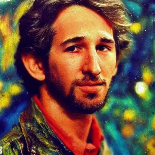 Prompt: an artistic portrait of a young steven spielberg, high quality, studio photography, colourful, hero, 1 9 8 8, heroic, beautiful, in the style of vincent van gogh