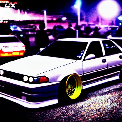 Image similar to a car JZX100 twin turbo drift at illegal car meet, Shibuya prefecture, city midnight mist lights, cinematic lighting, photorealistic, highly detailed wheels, high detail