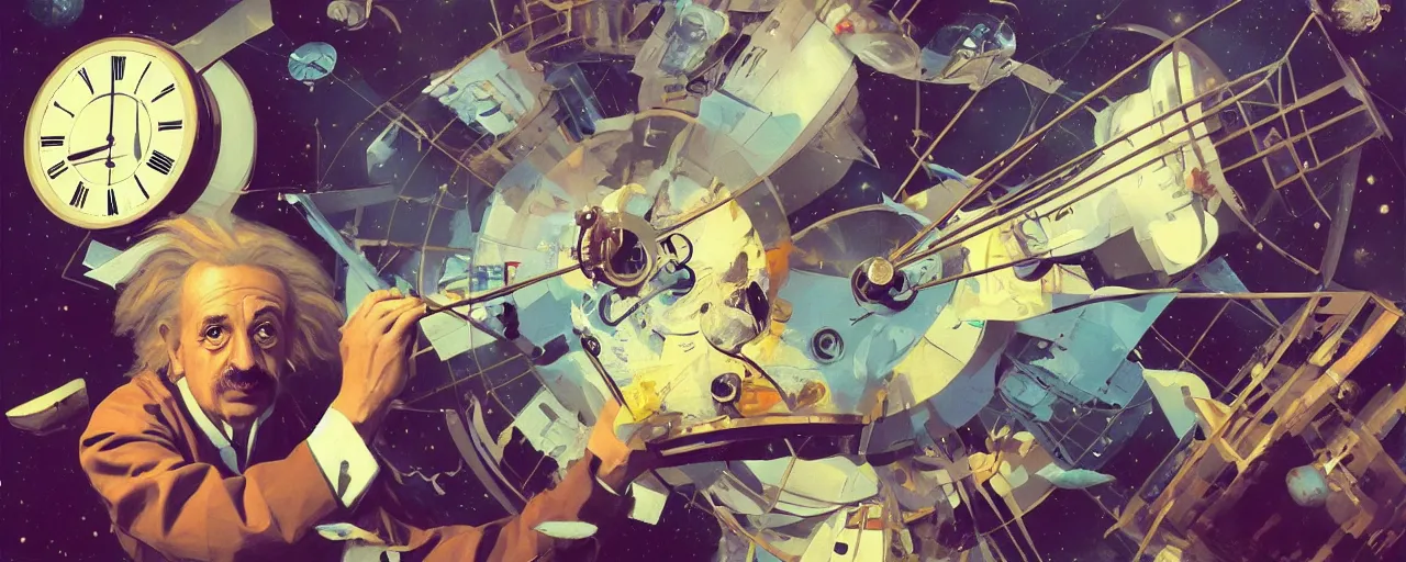 Image similar to duotone surrealist illustration 3 / 4 portrait of albert einstein measuring time on salvadore dali clock in outer space. golden ratio accidental renaissance. by sachin teng and sergey kolesov and ruan jia and heng z. graffiti art, scifi, fantasy, hyper detailed. octane render. concept art. trending on artstation