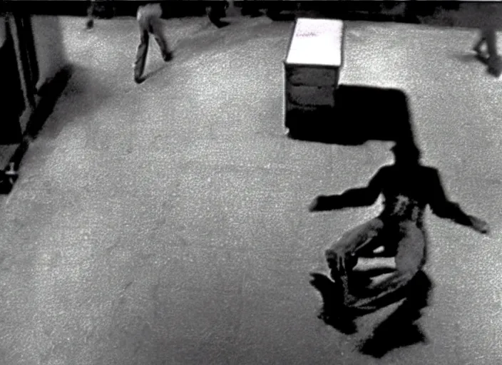 Prompt: disturbing cctv footage of a human corpse walking in the stree horror film practical fx by john carpenter 1 9 7 0