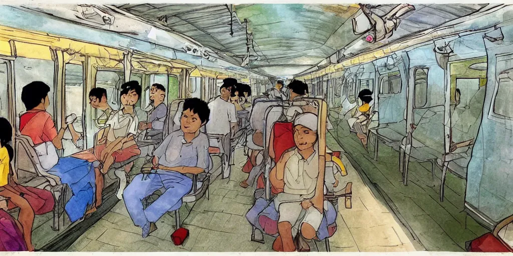 Image similar to inside sri lankan train, drawn by hayao miyazaki