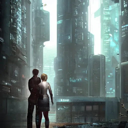 Image similar to a heartfelt unspoken love story between two robots overlooking a crumbling empty city, third person, cyberpunk, dystopia, rain, bittersweet