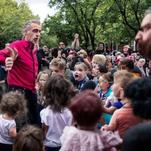 Prompt: jordan peterson lectures a group of toddlers leading to a riot and protest