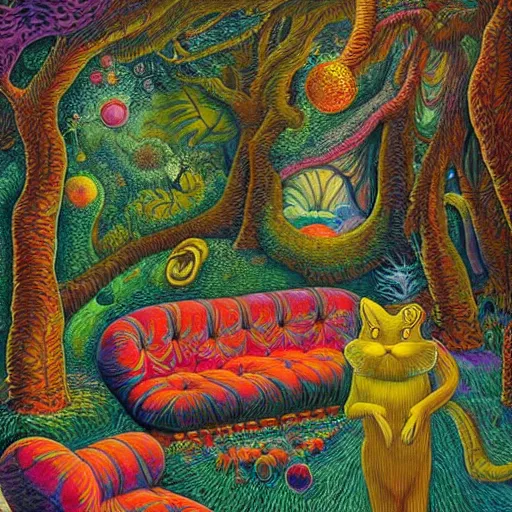 Image similar to psychedelic couch sofa in the lush forest, milky way, designed by moebius, rob gonsalves, gustav dore, giuseppe arcimboldo and carl barks, louis wain, trending on artstation, mediterranean, star, sharp focus, colorful refracted sparkles and lines, soft light, 8 k 4 k