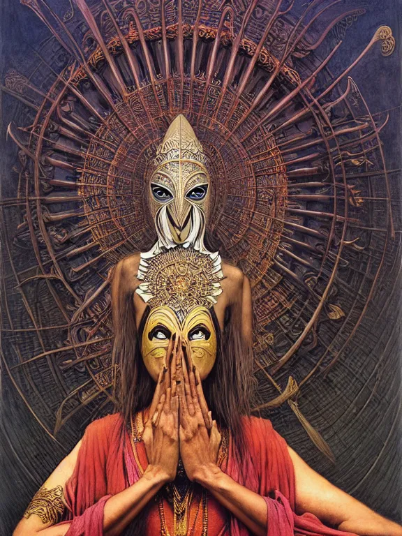 Image similar to soaring woman wearing a big mask with many thick blades behind head. dressed in a long robe with wide sleeves and making namaste / anjali mudra gesture. fullbody highly detailed portrait, blurred background, concept art, masterpiece, fantasy art, hyperdetailed, hyperrealism, art by zdzisław beksinski, arthur rackham, dariusz zawadzki