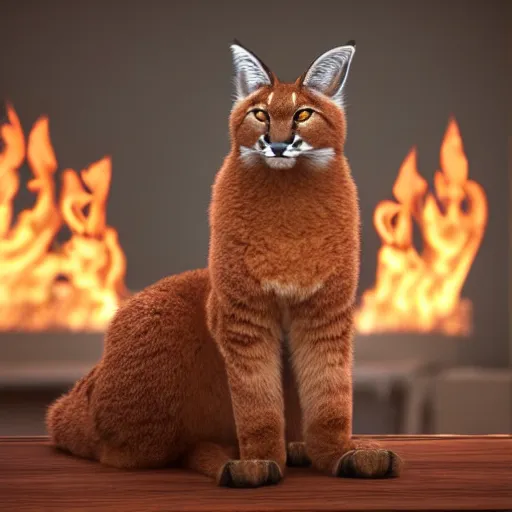 Prompt: wide-angle photo of fluffy caracal sitting on a wooden chair in a room, flames of fire at background, octane render, 3d, 8k, hd, studio light