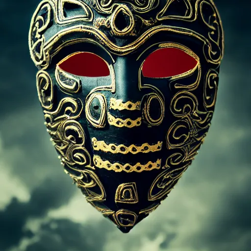 Image similar to an elaborate intricate mask surrounded by storm clouds, rendered in octane, behance hd, bokeh backdrop