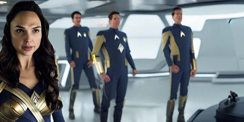 Image similar to Gal Gadot, in full starfleet uniform, is the captain of the starship Enterprise in the new Star Trek movie