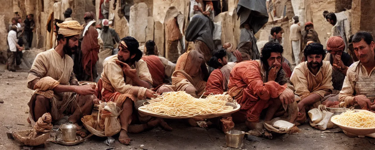 Image similar to ancient babylonians trading spaghetti with merchants, canon 5 0 mm, wes anderson film, kodachrome