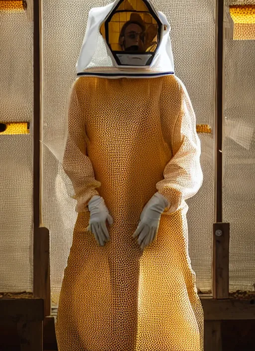 Image similar to futuristic female beekeeper, wearing silky nanotech honeycomb robe, dramatic lighting, golden colors, light shaft