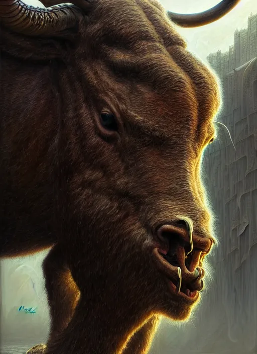 Prompt: closeup portrait shot of a minotaur in a scenic dystopian environment, intricate, elegant, highly detailed, centered, digital painting, artstation, concept art, smooth, sharp focus, illustration, artgerm, tomasz alen kopera, peter mohrbacher, donato giancola, joseph christian leyendecker, wlop, boris vallejo