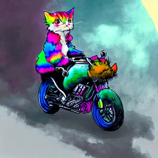 Image similar to wide angle full body, jacket wearing fluffy cute rainbow kitten wearing a black leather motorcycle jacket, riding on a motorcycle, cinematic concept art