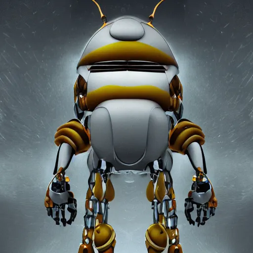 Image similar to a photograph portrait of a humanoid robotic bee, full body, realistic, ultra detailed, atomic weaponry, gigantic pillars, dark fantasy