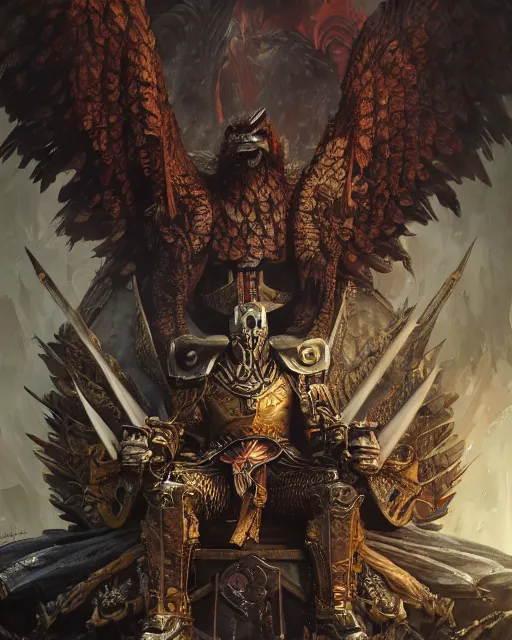 Image similar to Grinning Eagle, Anthropomorphized, as evil warlord general on skull throne, magic the gathering artwork, D&D, fantasy, cinematic lighting, centered, symmetrical, highly detailed, digital painting, artstation, concept art, smooth, sharp focus, illustration, volumetric lighting, epic Composition, 8k, art by Akihiko Yoshida and Greg Rutkowski and Craig Mullins, heroic pose, oil painting, cgsociety, Battlefield background, explosions, arrows