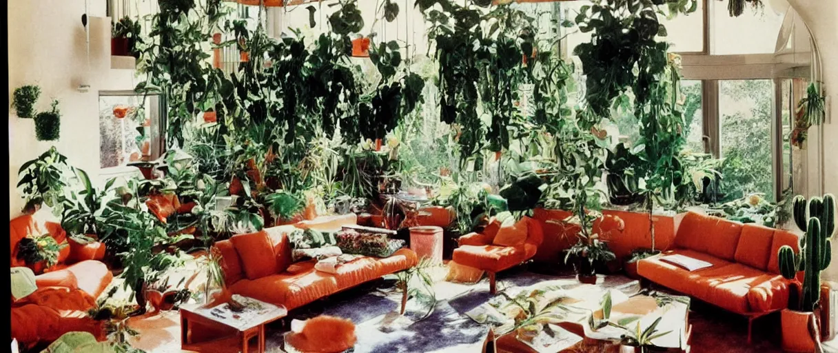 Prompt: 1970s interior design magazine photo of a living room with hanging plants, cacti, slight smoke, couches, boulders, sunfaded, grainy, and a kitten the couch, circular windows, and an a-frame ceiling