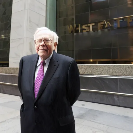 Image similar to warren buffet as a kristy creme standing outside wall street stock exchange, reality, realistic, detailed, 8 k, award winning, wide shot,