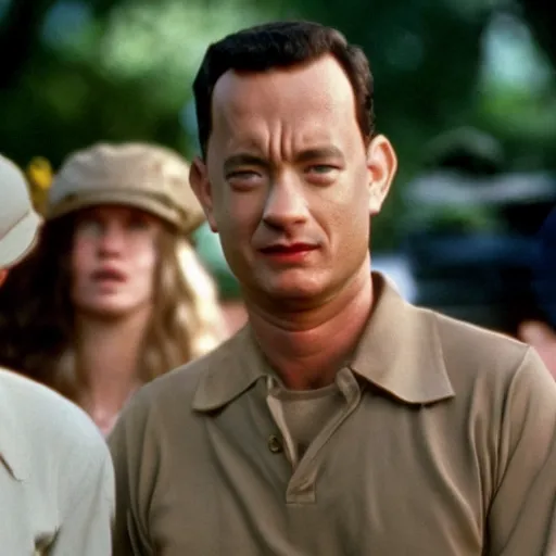 Image similar to Tom Hanks as forrest gump has giant shrimp heads instead of hands, hyper realistic, 8k resolution, amazing detail