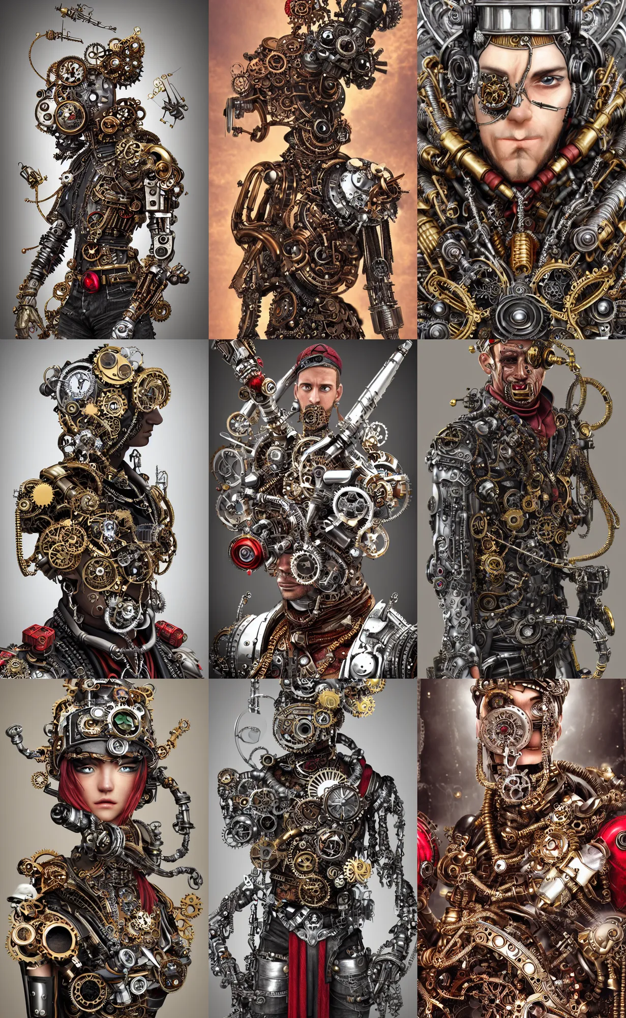 Prompt: Portrait of a steampunk sci-fi cyborg pirate bionic man, third person, D&D, sci-fi fantasy, cogs and springs and jewels, intricate, gold with black and red fringe highlights, highly detailed, art by Range Murata, highly detailed, 3d, octane render, bright colors, digital painting, trending on artstation, sharp focus, illustration style of Stanley Artgerm, highly detailed background in a cinematic style