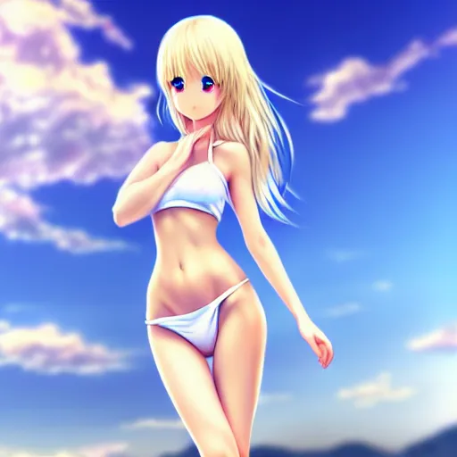 Image similar to tiny father a tall daughter picture : a very beautiful young blond macro anime girl with a tiny father, sky blue eyes, bikini, white miniskirt, highly detailed, cinematic wallpaper by stanley artgerm lau