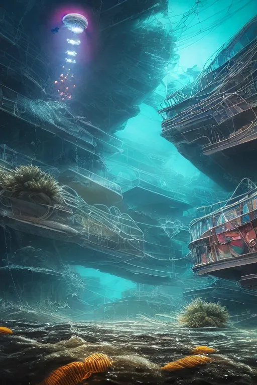 Image similar to hyperrealistic sharp cinematic underwater dystopian futurist city ruins with giant bioluminescent multicolored mutant fish and cyborg jellyfish, digital art masterpiece, aykut aydogdu eric zener, very dramatic volumetric light, long shot, ground angle uhd 8 k, deep focus