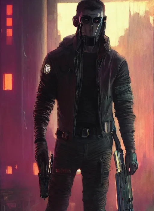 Prompt: Logan. Cyberpunk assassin in tactical gear. blade runner 2049 concept painting. Epic painting by Craig Mullins and Alphonso Mucha. ArtstationHQ. painting with Vivid color. (rb6s, Cyberpunk 2077, matrix)