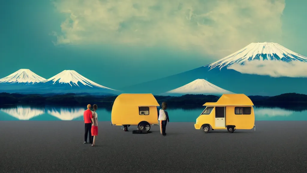 Image similar to a scene of two travellers and their camper touring overlook at the edge of yamanaka lake, reflecting mount fuji and a dramatic sky, japan, a collage painting, in the style of wes anderson, lola dupre, david hockney, isolated on negative white space background dark monochrome neon spraypaint accents volumetric octane render