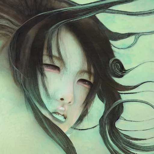 Image similar to yoshitaka amano blurred and dreamy realistic illustration of a japanese woman with black eyes, wavy white hair fluttering in the wind wearing elden ring armor with engraving, abstract patterns in the background, satoshi kon anime, noisy film grain effect, highly detailed, renaissance oil painting, weird portrait angle, blurred lost edges, three quarter view