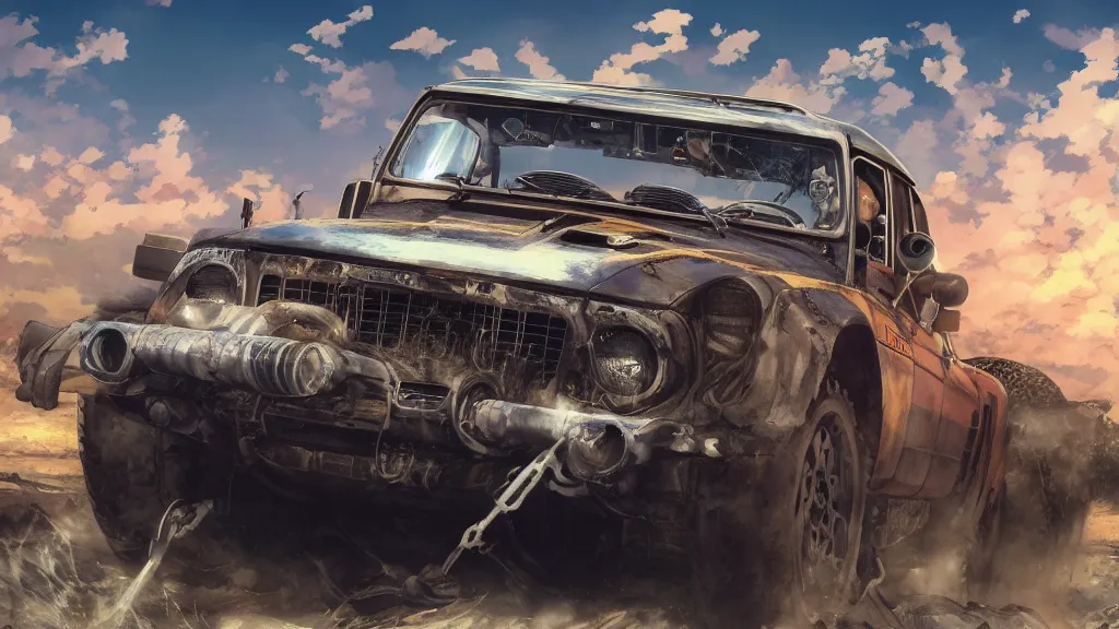 Image similar to anime illustration of mad max's fj 4 0 pursuit special, the last v 8 interceptor driving down to the gates of valhalla highway, riding fury road eternal shiny and chrome, world of fire and blood, by makoto shinkai, ilya kuvshinov, lois van baarle, rossdraws, basquiat, global illumination ray tracing hdr