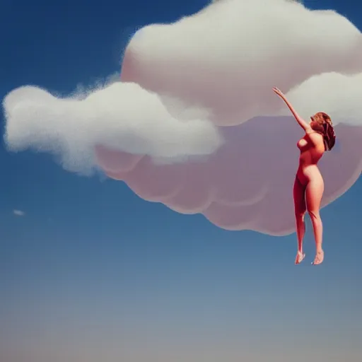 Prompt: inflated woman floating among the clouds, photorealistic