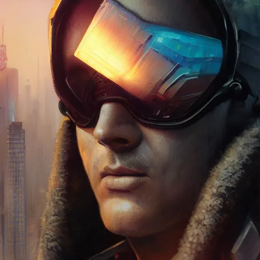 Image similar to cyberpunk, armitage, closeup portrait of an ex soldier with one artificial eye, brown buzzcut, dramatic light, city background, sunset, dystopian setting, high contrast, sharp, neuromancer, painted by stanley lau, painted by greg rutkowski, painted by stanley artgerm, digital art, trending on artstation