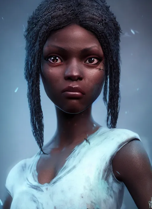 Image similar to An epic fantasy comic book style portrait painting of a short dark skinned girl thief with spidery hair and kind eyes, unreal 5, DAZ, hyperrealistic, octane render, cosplay, RPG portrait, dynamic lighting