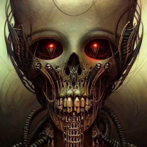 Image similar to a portrait of a beautiful biomechanical goddess of death, horror concept art by giger and beksinski and szukalski and wlop and pete mohrbacher, digital art, highly detailed, intricate, sci-fi, sharp focus, Trending on Artstation HQ, deviantart, unreal engine 5, 4K UHD image