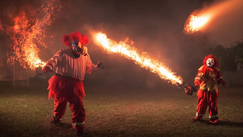 Prompt: photo of a clown using a flamethrower. In the background there is a house fire. Daylight. award-winning, highly-detailed, 8K