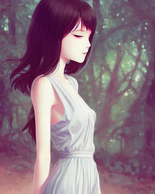 Image similar to infinitely detailed full - body portrait pale female peaceful dream angel wearing elegant clothes. beautiful! scenery art! by wlop & murata range, by ilya kuvshinov. artstation!! / pixiv!!