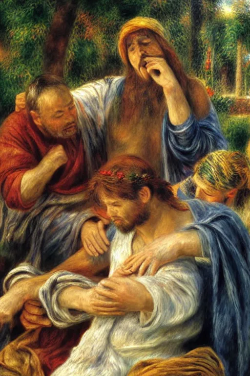 Prompt: christ healing a leper, painting by renoir and young sung kim, masterpiece