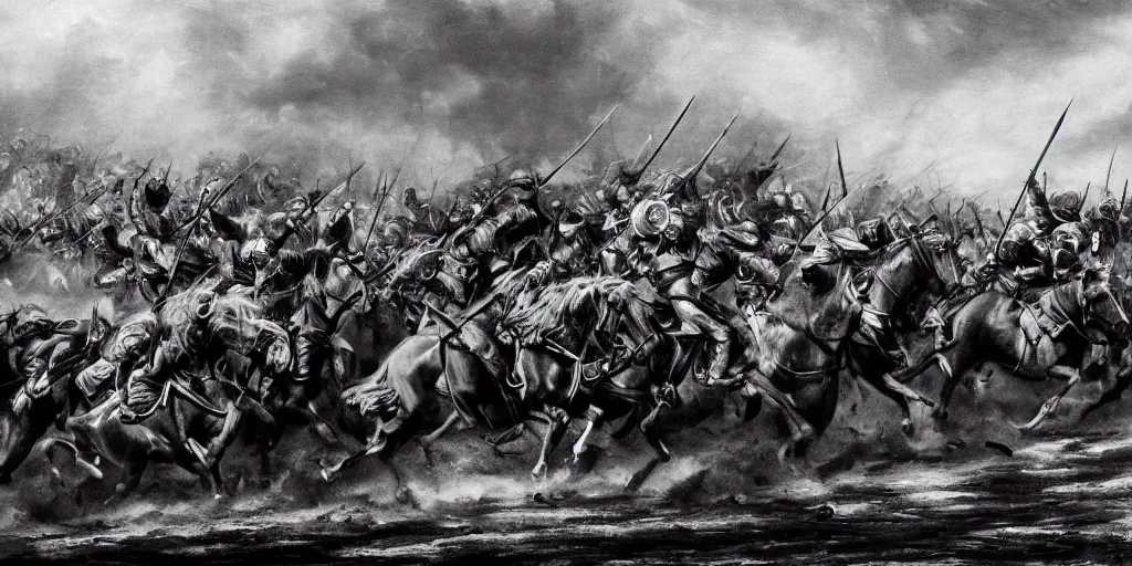 Image similar to army of charles minguses charging into battle, black and white, dramatic