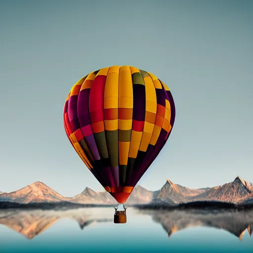 Prompt: Photo of a hot air balloon flying above a reflective mountain lake, the lake has two black swans swimming, touching heads, forming a heart with their necks, beautiful, High resolution photo, intricate, 8k highly professionally detailed, HDR, CGsociety, render