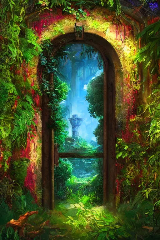 Image similar to digital painting of a secret garden through a doorway, concept art, artstation, vaporwave, nature, lush, greenery, fantasy, fantasy aesthetic, fantasy vibe, colorful, faded effect, artstation, trending, detailed, small details, scenery,