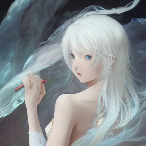 Image similar to white haired anime girl in a vaporous wrapped large victorian cream roses silk semi-transparent blue and cream dress fashion is running D&D, fantasy, intricate, elegant, highly detailed, digital painting, artstation, concept art, matte, sharp focus, illustration, art by Artgerm and Greg Rutkowski and Alphonse Mucha, UHD