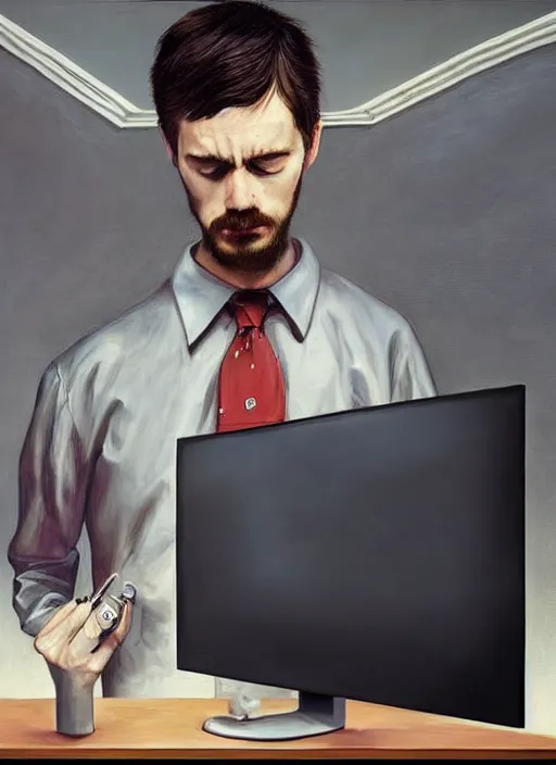 Image similar to insanely detailed portrait of a sleepy - looking programmer guy in front of his ultrawide monitor begging for forgiveness, oil on canvas, masterwork, fine detail, trending on artstation, emotive, insanely compelling, ryden, koons, moebius