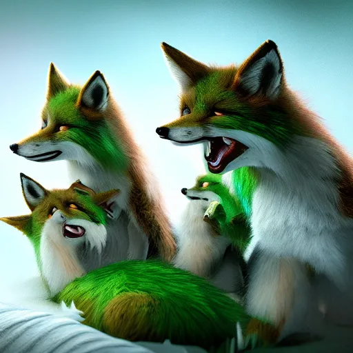 Image similar to A hyper real comic book style portait painting of a smiling green fox giving birth to three youngsters, unreal 5, hyperrealistic, octane render, cosplay, RPG portrait, dynamic lighting